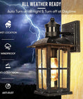 13 Inch Motion Sensor Outdoor Wall Light With Dusk To Dawn on rain-splattered house wall, black aluminum, weatherproof design