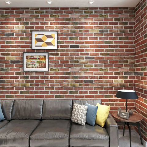 Living room with 20 Pack Faux Brick 3D Wall Panels Peel And Stick In Red Brown Self Adhesive Waterproof Foam Wallpaper