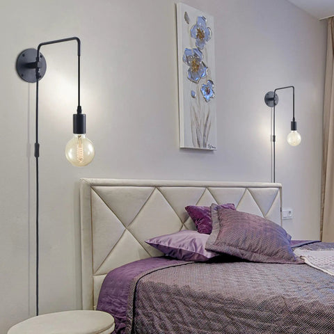 Set Of 2 Plug In Wall Sconces In Metal Black With Swing Arm And On Off Switch Cozy Vintage Industrial Wall Lighting in bedroom