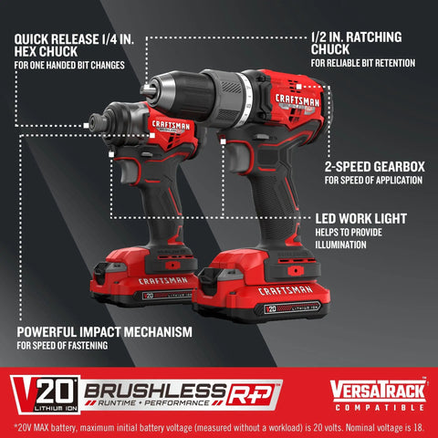 V20 Cordless Drill And Impact Driver Combo Kit with Brushless Motors, shown with quick release chuck and LED work light.