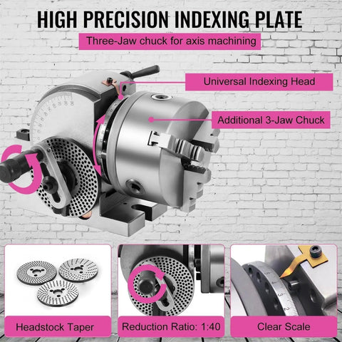 Rock Solid Heavy Duty Dividing Head With Three Jaw Chuck, Ultra Precise 1:40 Indexing Ratio For Rotary Tables And Cnc Mills, Killer Shop Beast Attachment with three-jaw chuck and indexing scale.