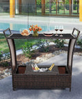 Patio Wicker Bar Cart With Wheels Ice Bucket Outdoor Rolling Beverage Counter Table Glass Top Modern Rattan Wine Serving Cart For Poolside Backyard Garden And Easy Home Entertaining