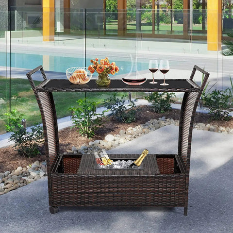 Patio Wicker Bar Cart With Wheels Ice Bucket Outdoor Rolling Beverage Counter Table Glass Top Modern Rattan Wine Serving Cart For Poolside Backyard Garden And Easy Home Entertaining