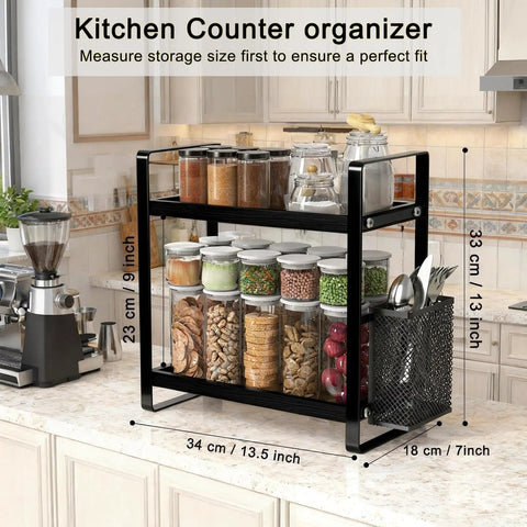 Coffee Station Organizer For Counter With Two Tier Wood Shelves And Three Compartment Pod Storage, sleek black design