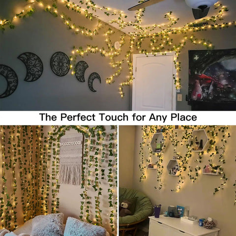 Room decor with Ivy Vines Curtain Lights With 200 LEDs For Bedroom Dorm Wall Indoor Outdoor 6.5ft By 6.5ft With Remote