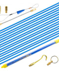 Badass Heavy Duty 50 Foot Fiberglass Cable Wire Fish Rod Pull Kit featuring flexible blue fiberglass rods and brass connectors.