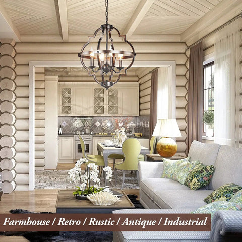 4 Light Farmhouse Candle Chandelier With Cozy Rustic Industrial Oil Rubbed Gold Orb Open Cage Ceiling Hanging Lamp For Bedroom Dining Room Entry Hallway Living Room And Kitchen Retro Flush Mount Pendant Lighting For That Cozy Vibe