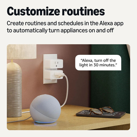 Alexa Compatible Smart Plug 4 Pack With Remote App Control And Voice Commands, shown in use with lamp and assistant device.