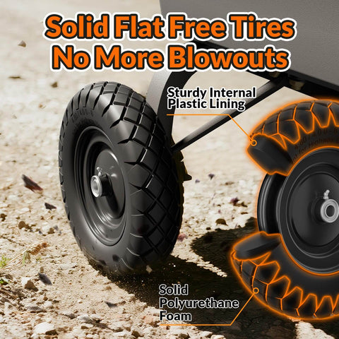 Flat Free 16 Inch Wheelbarrow Tire And Wheel Set Built Tough No Flats Solid Puncture Proof Tire in use close-up