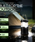 Bright 360 Degree COB LED Camping Lantern Powered by Batteries Portable Hanging Collapsible Light for Outdoor Camping Home Emergency Power Outages Hurricane Survival Requires 3 AA Batteries Not Included shining in rain on wet surface near tents.