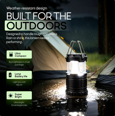 Bright 360 Degree COB LED Camping Lantern Powered by Batteries Portable Hanging Collapsible Light for Outdoor Camping Home Emergency Power Outages Hurricane Survival Requires 3 AA Batteries Not Included shining in rain on wet surface near tents.