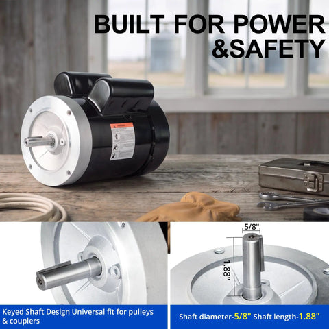 Rock Solid Two Horsepower Farm Duty Electric Motor 1725 Rpm Ac Pump Motor with keyed shaft for pulleys and couplers.
