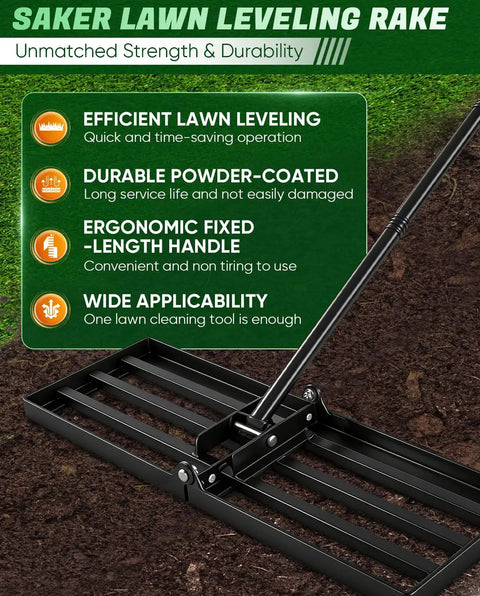 Lawn Leveling Rake For Easy Yard Work 30x10 Inch Head 73 Inch Heavy Duty Tool With Stainless Steel Handle on soil background