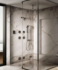 Modern shower with glass enclosure featuring the DTV Plus Digital Interface Mounting Bracket for Surface Mounts, Vibrant Titanium Finish, Corrosion Resistant Shower Component That Complements Other Fittings, Required for K-99693 DTV Plus Interface on a marble wall.