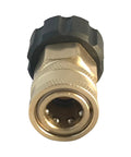 Front view of M22 Female To Three Eighths Inch Quick Connect Adapter Brass Fitting for pressure washer, black cap, metal body