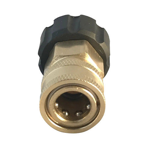 Front view of M22 Female To Three Eighths Inch Quick Connect Adapter Brass Fitting for pressure washer, black cap, metal body