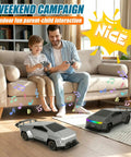 Father and son playing with Rad All Terrain Cyber RC Truck With Two Point Four Gigahertz Radio indoors on carpet