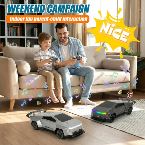 Father and son playing with Rad All Terrain Cyber RC Truck With Two Point Four Gigahertz Radio indoors on carpet