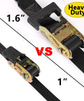 Heavy Duty Boat Trailer Transom Tie Down Ratchet Straps With S Hooks comparing 1.6 inch and 1 inch strap widths.