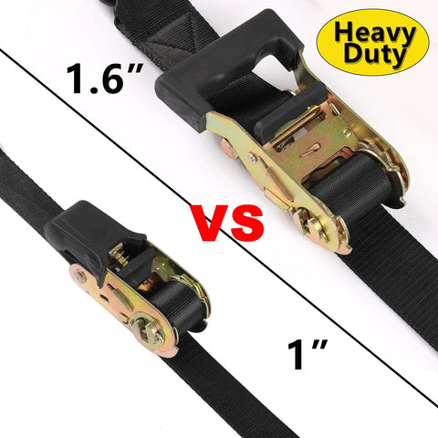 Heavy Duty Boat Trailer Transom Tie Down Ratchet Straps With S Hooks comparing 1.6 inch and 1 inch strap widths.