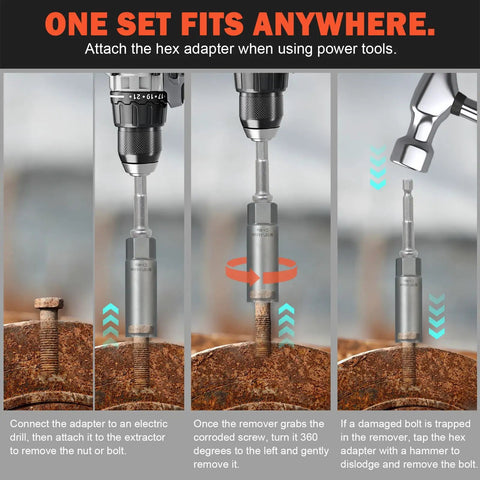 Deep Bolt Extractor Kit Five Piece Set in use with power tools removing stripped bolt from wood surface