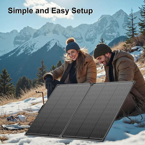 200 Watt Foldable Solar Panel Kit Delivering Top Shelf 23.5 Percent Efficiency And Ultra Light Tempered Glass Tied To A Rock Solid Pwm Controller With Ip68 Waterproof Rating For Road Trip Ready Rv Adventures And Off Grid Camping Power in use outdoors with two people and mountains.