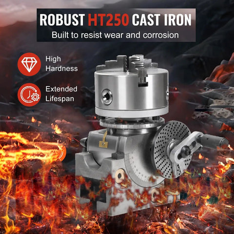 Heavy Duty Rock Solid Six Inch CNC Rotary Table With Three Jaw Chuck and Dividing Head showcasing robust HT250 cast iron design.