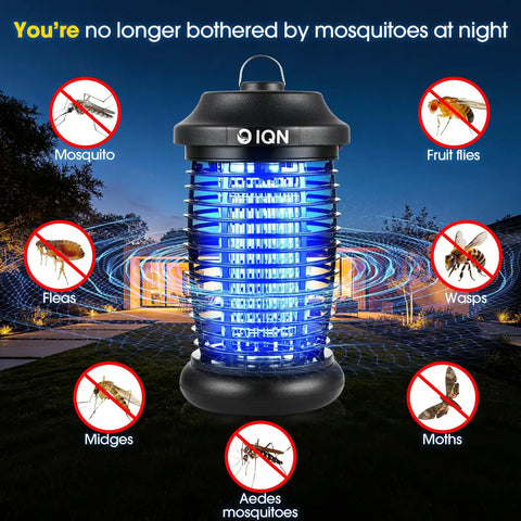 Outdoor Bug Zapper Plug In Electric Mosquito Killer With 15W UV Light And 4200V Grid illuminating patio at night