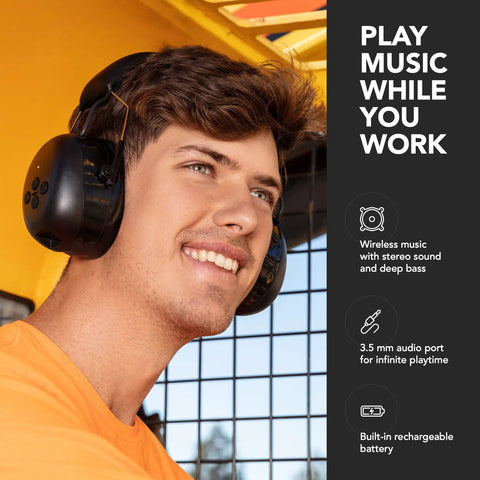 Man wearing Bluetooth Noise Cancelling Ear Muffs For Mowing, Shooting, And Construction Work 25 dB NRR Over Ear Headphones