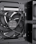 Close-up of interior fan in CTE C700 Air Mid Tower Case With Centralized Thermal Efficiency Design, showing CT140 fan installation.