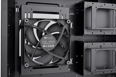 Close-up of interior fan in CTE C700 Air Mid Tower Case With Centralized Thermal Efficiency Design, showing CT140 fan installation.