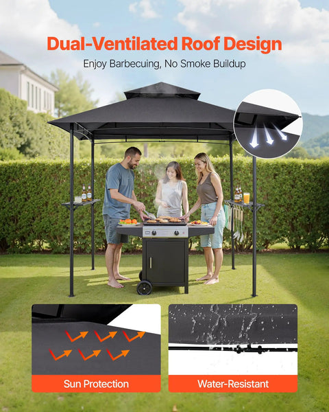 Grill Gazebo 8x5 Ft Outdoor BBQ Shelter With Double Tier Roof And Powder Coated Steel Frame Includes 2 Side Shelves And 8 Hooks