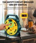 Heavy Duty Cord Reel With Four Outlets And Two USB Ports, 25-Foot Extension Cord, showing 13A safety circuit breaker