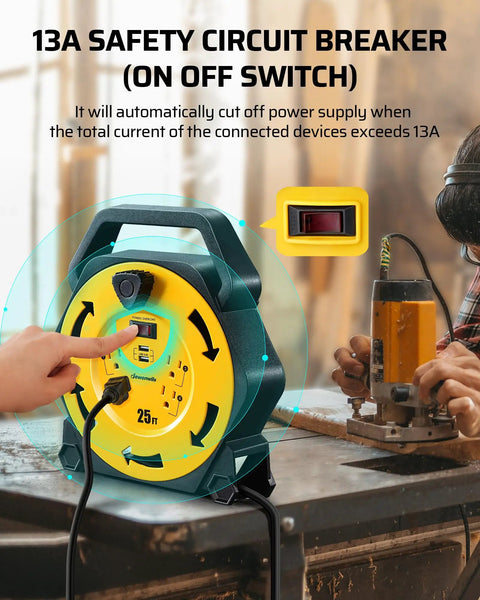 Heavy Duty Cord Reel With Four Outlets And Two USB Ports, 25-Foot Extension Cord, showing 13A safety circuit breaker
