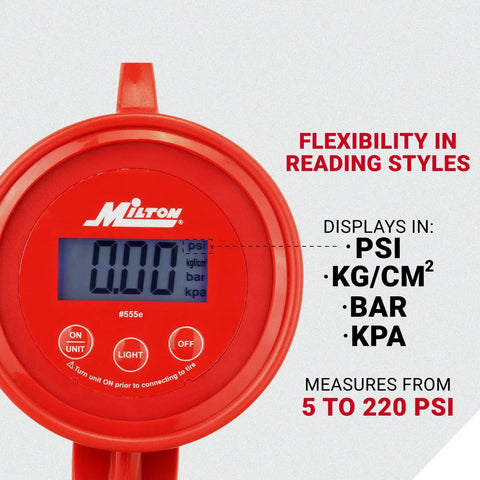 Digital Tire Inflator With Backlit Gauge Measures 5 To 220 Psi Reads In Psi Bar KPa KgPerCm2 close-up of gauge display