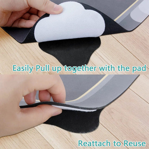 Hands demonstrating the use of Non Slip Rug Grippers For Area Rugs, Washable Rug Tape With Hook And Loop Pads on hardwood floor.