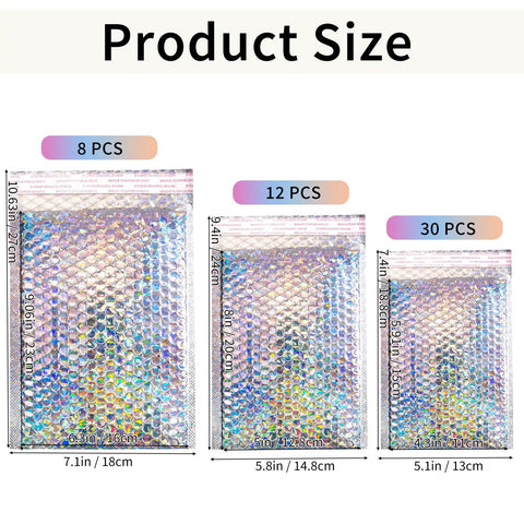 Iridescent Bubble Mailers Set Of 50 In Three Sizes, Waterproof Self Seal Padded Envelopes, holographic, 8 large, 12 medium, 30 small