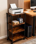 Large 4-Tier Collapsible Wooden Storage Shelf With Heavy Duty 100 Lb Capacity And Locking Wheels beside desk