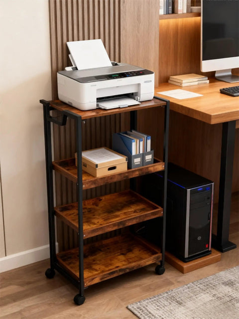 Large 4-Tier Collapsible Wooden Storage Shelf With Heavy Duty 100 Lb Capacity And Locking Wheels beside desk