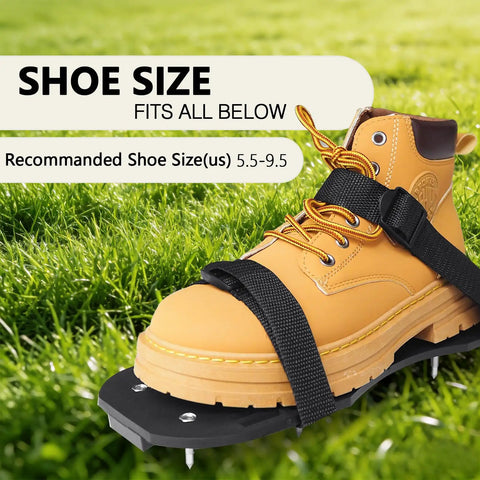 Durable Lawn Aerator Shoes With Adjustable Straps Medium Fit on a boot, spiked base on grass background