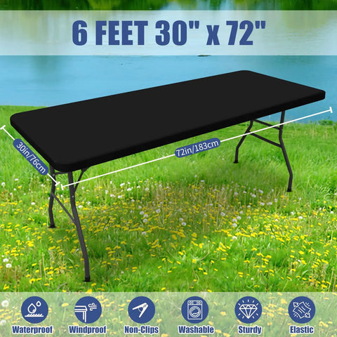 Elastic Fitted 6 Foot Rectangle Tablecloth 2 Pack No Slip Wraparound Edges For Outdoor Parties And Picnics Stretch Washable Polyester Spandex Cover In Black 30x72 Inches on outdoor table