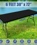 Stretchy Spandex Tablecloth Set, 6 Pack 6 Foot Rectangle For Outdoor Picnics And Parties, Elastic Fitted Washable Patio Cover, Windproof Wraparound Edges In Black 30x72 Inches installed on a table outside.