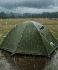 Ultra Lightweight 2 Person Backpacking Tent With Aluminum Poles Waterproof Rainfly For Hiking And Camping Army Green in rain