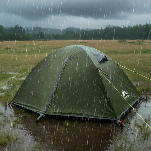 Ultra Lightweight 2 Person Backpacking Tent With Aluminum Poles Waterproof Rainfly For Hiking And Camping Army Green in rain