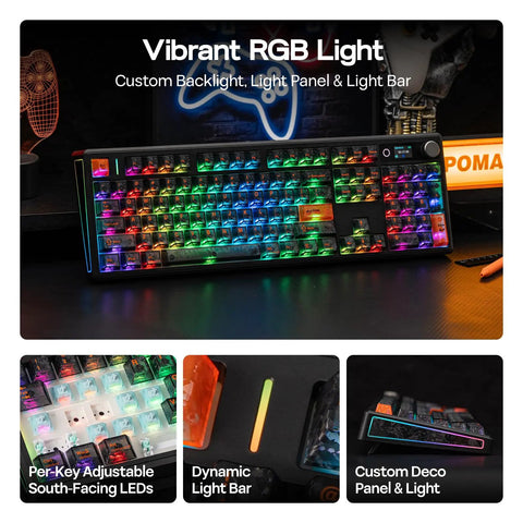 Top Shelf Full Size Mechanical Keyboard With Bangin Tri Mode Wireless Pairing Gotta Appreciate That Crisp OLED Display Screen And Sweet Dedicated Volume Knob For Any Sick Workstation Or Gaming Battlestation Setup featuring vibrant RGB lights and custom backlight.