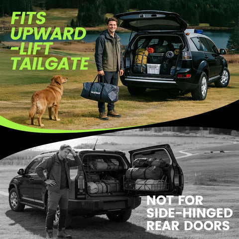 Man with Roomy Family SUV Tent For 5 To 9 People With 8ft L X 10.6ft W X 7.2ft H Center Height, Waterproof shelter in bag beside SUV