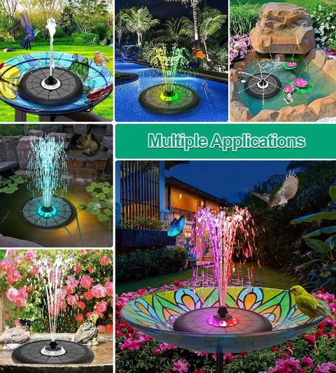 Powerful 5W Solar Powered Water Fountain For Bird Bath With All Glass Panel Colorful Light Show 7 Nozzles in various garden settings