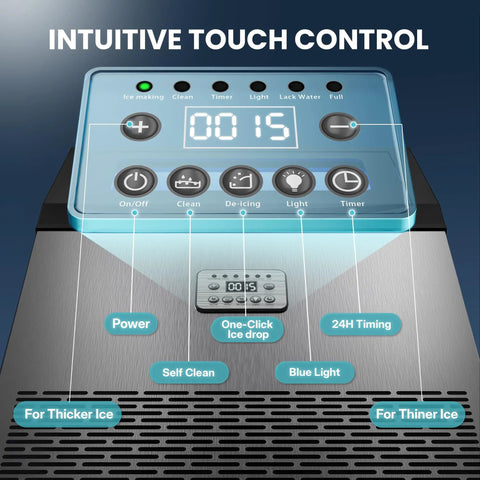 Control panel of Top Shelf Commercial Ice Maker with touch buttons, timer display, and self-clean feature for easy ice production.