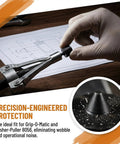 Heavy-Duty Shaft End Protector Caps for Grip-O-Matic Pullers shown being installed on a puller tool to reduce vibration noise.
