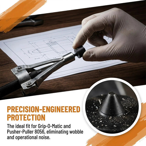 Heavy-Duty Shaft End Protector Caps for Grip-O-Matic Pullers shown being installed on a puller tool to reduce vibration noise.